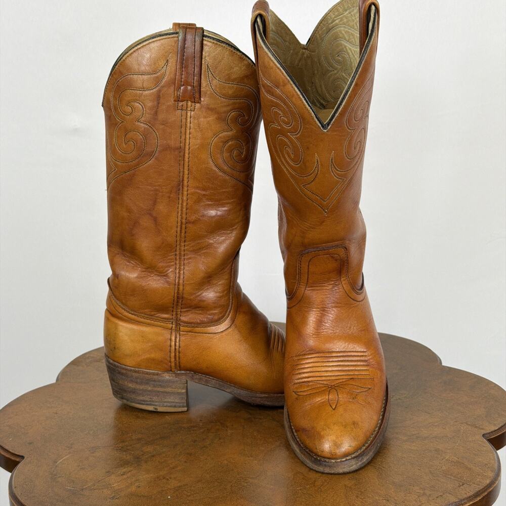 Vintage Dingo Brown Western Boots Men 7D Made in USA Stitching 5132 Womens 8.5